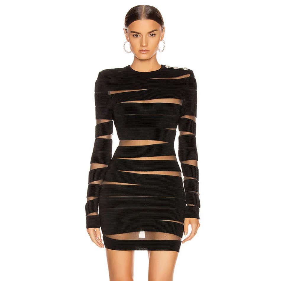 2021 New Bodycon Bandage Dress Women Long Sleeve O-Neck Black Mesh Sexy Night Club Celebrity Party Mini Dress Women Vestidos