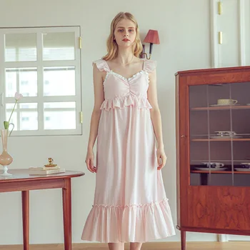 

XIFER Summer Pure Cotton Sleepwear Women Korean Version Cute Long Nightdress with Chest Pad Princess Nightdress for Girls