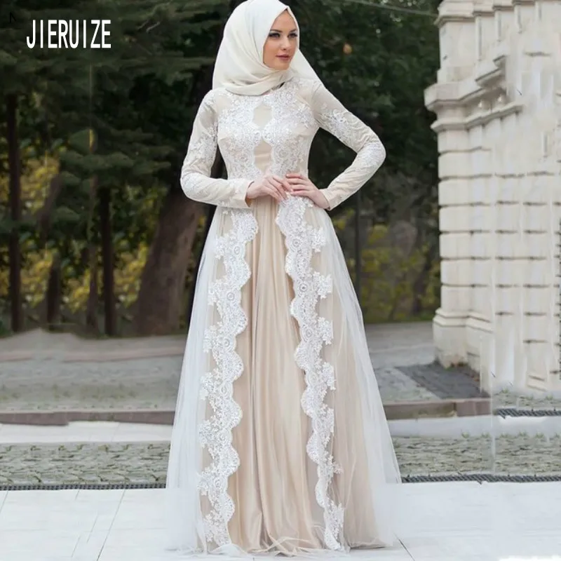 

JIERUIZE Modest Lace Muslim Wedding Dresses Long Sleeve High Neck Appliques A Line Bridal Gown robe mariage vestido de noiva
