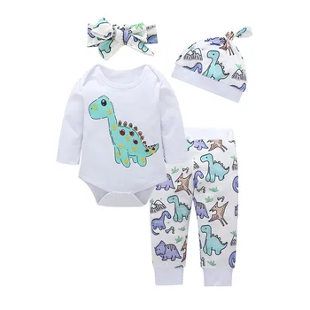 

Newborn Baby Girls Boys Set Dinosaur Print Long Sleeve Romper+Pants+Hat+Headband 4pcs Fashion Outfits Toddler Spring Clothes