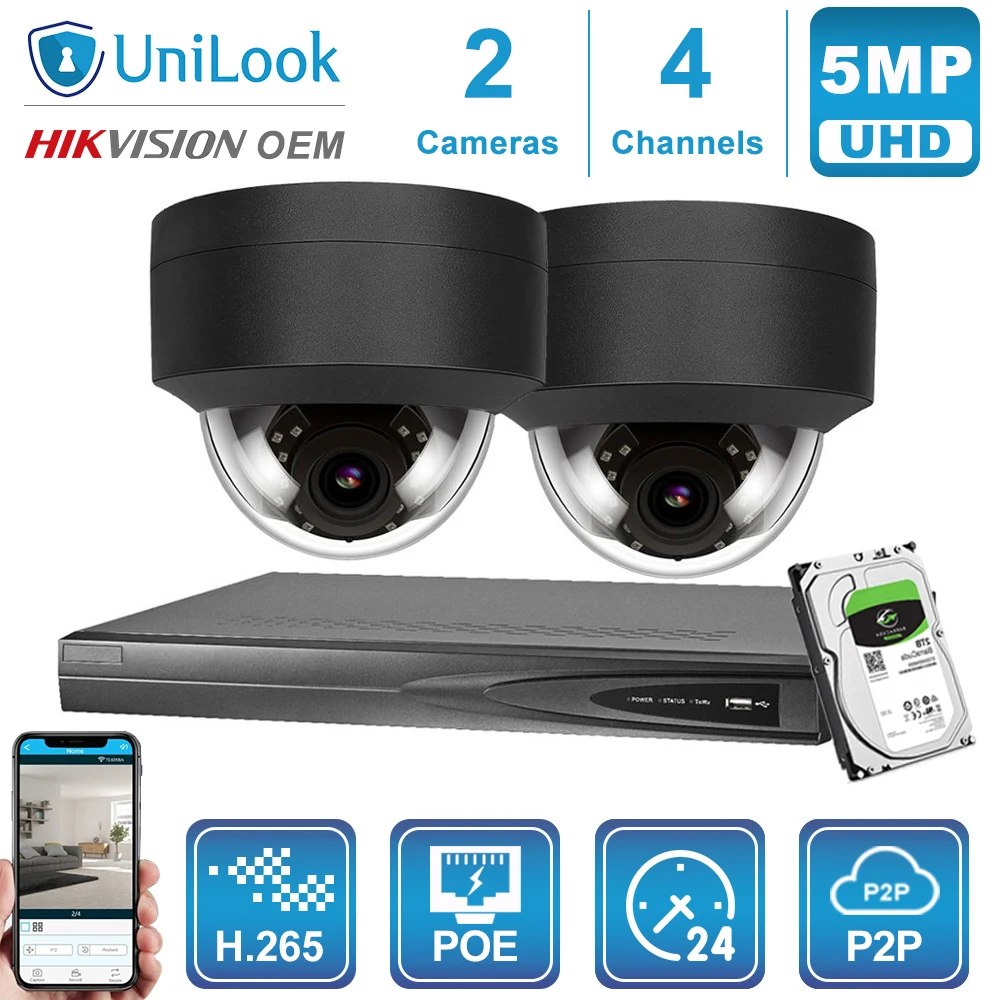  UniLook 4CH 4K NVR 5MP IP PoE Cámara sistema de seguridad H.265 Onvif NVR (HDD de 2 TB) con 2 pieza