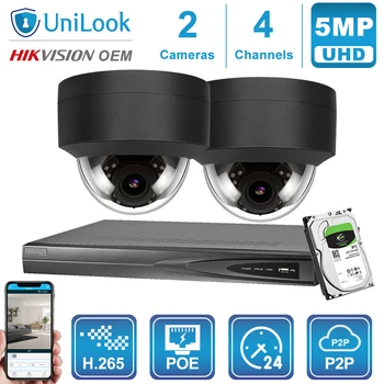 

UniLook 4CH 4K NVR 5MP IP PoE Security Camera System H.265 Onvif NVR(2TB HDD) With 2pcs 5MP POE IP Wide Angle Dome Cameras
