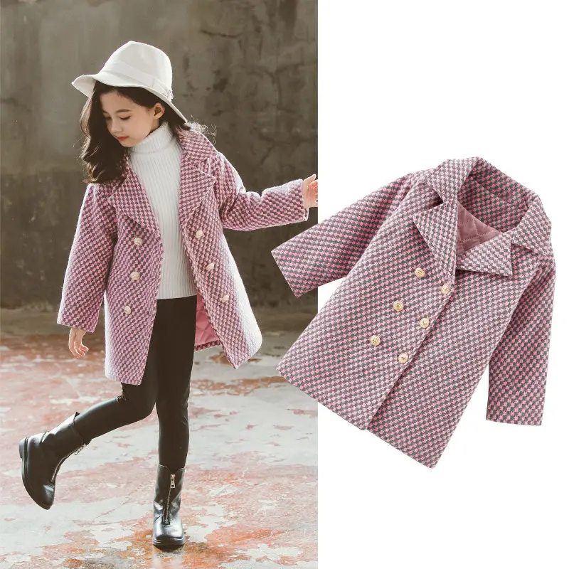 Luxury Kids Brand Plaid Wool Jacket For Girl Double-Breasted Long Woollen Wind Coat Teen Winter Turn-down Collar Woolen Overcoat