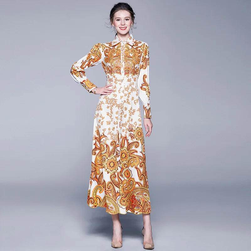 

2019 New Style Autumn And Winter WOMEN'S Dress Europe And America T Stage Catwalk Models Baroque Long-sleeve Blouse Gold Flower