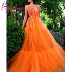 Оранжевые вечерние платья 2019 трапециевидной формы из бисера тюль Длинные вечерние платья v-образным вырезом Spagetti ремни сексуальные