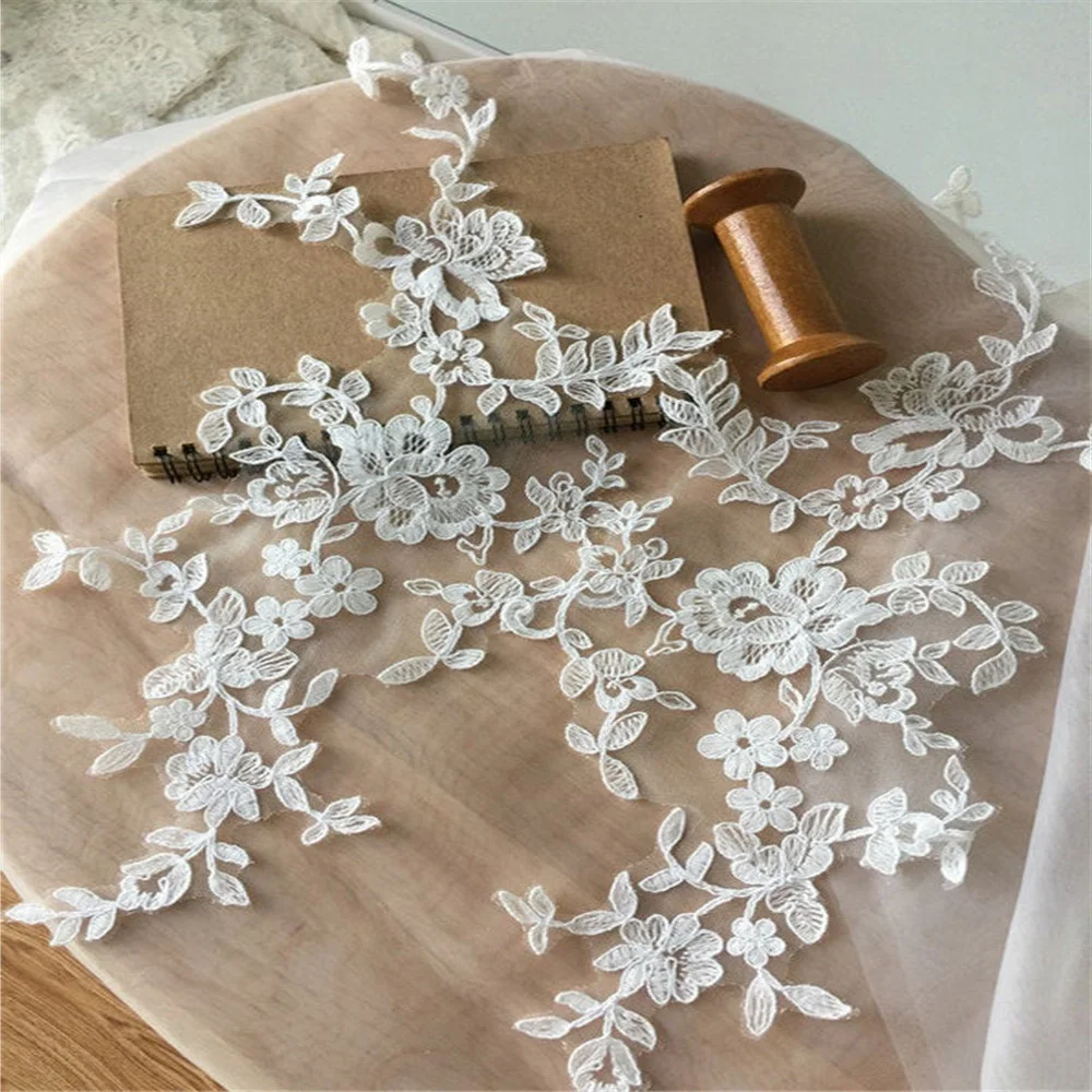 

5 Pairs Cotton Thread Embroidery Alencon Lace Applique Wedding Lace Motif Bridal Veil Bodice Wedding Dress Overlay Patch
