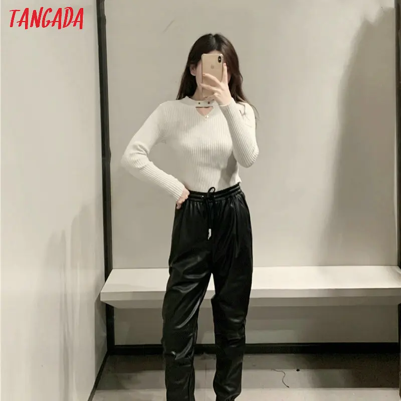 Cena Tangada kobiety patchwork czarne spodnie ze skóry pu strethy talia kobiece spodnie w stylu boyfriend spodnie ze sztucznej skóry 6A107