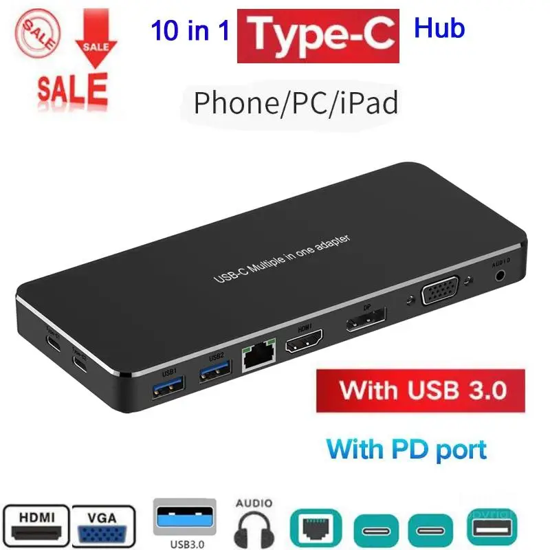10 в 1 мульти USB C концентратор к USB 3,0 HDMI VGA RJ45 DP 3,5 мм разъем PD зарядное устройство адаптер USB C док-станция Тип c концентратор конвертер