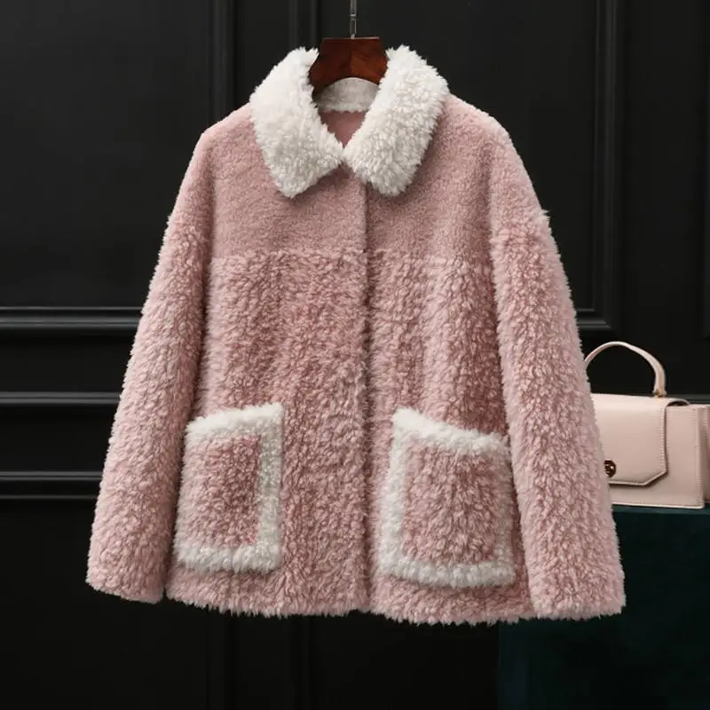 pink Женская одежда зимнее пальто натуральный ягненок теплая меховая куртка Настоящее женское меховое пальто элегантные овечья шерсть короткие пальто N82 - Цвет: pink