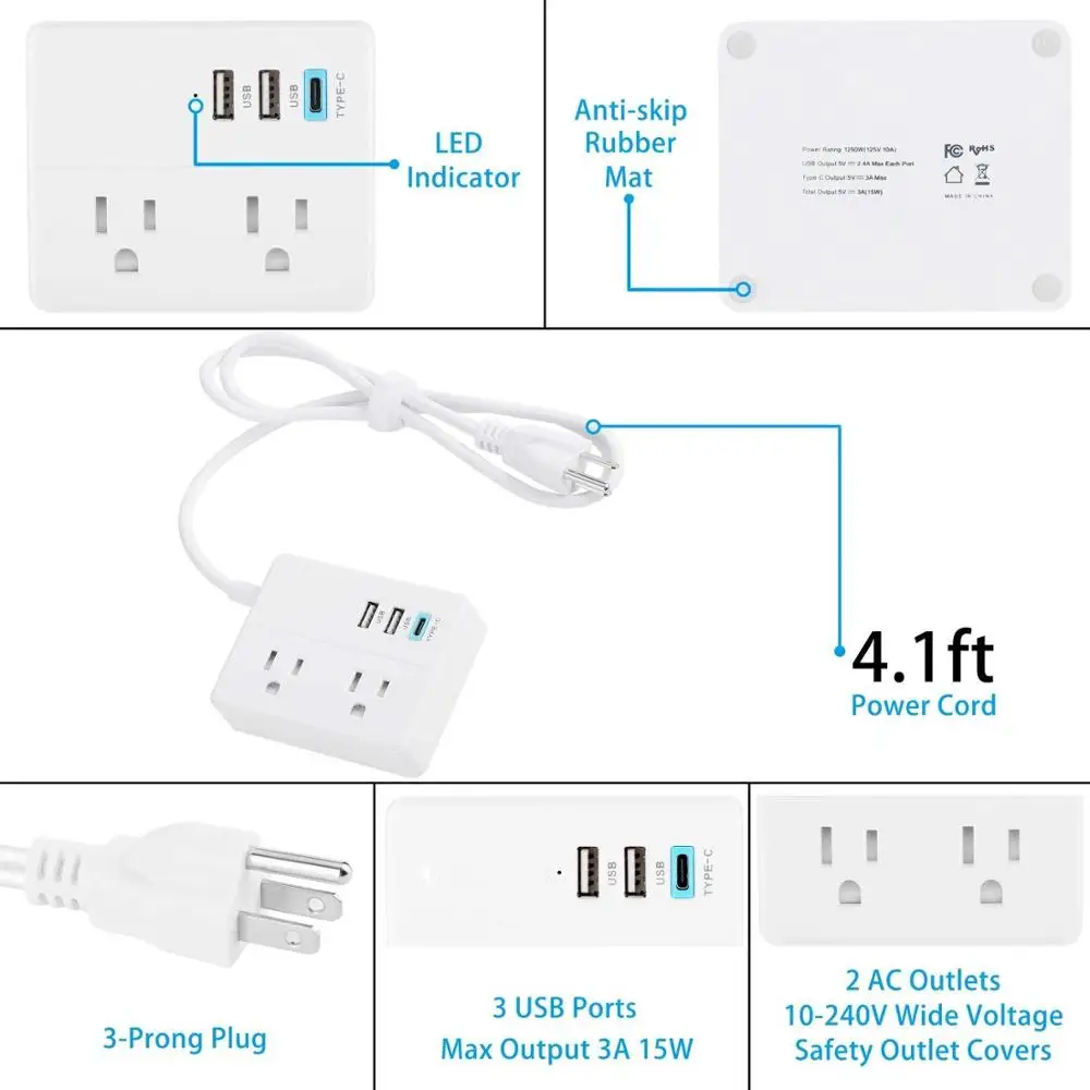 Сетевой мини удлинитель 2 USB 1 Type c 3 US настольная зарядная станция футов для
