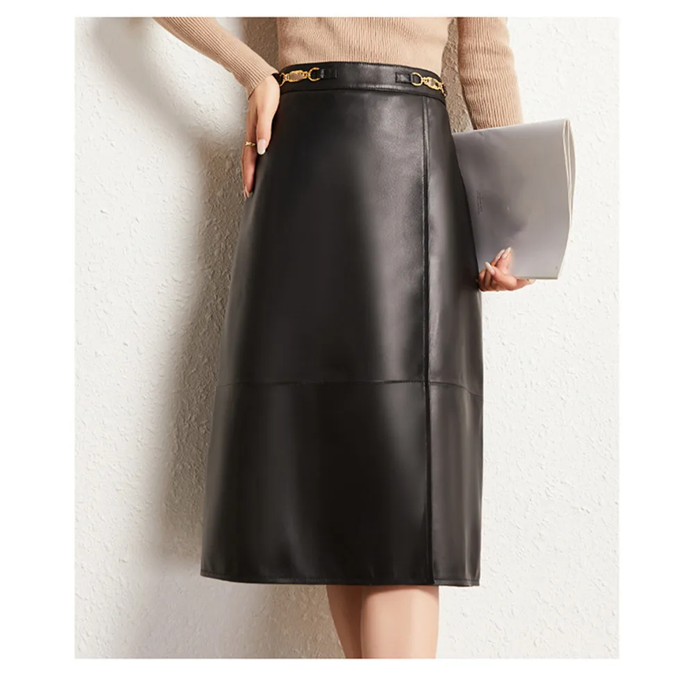 

Autumn OL High-rise Lether Skirt High Quality Sheepskin Genuine Leather Women's A-line Skirts C752