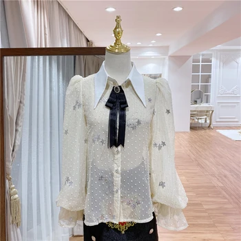 

2020 HIGH STREET Designer Blouse Women's Lantern Sleeve Bow Collar Embroidery Blouse Shirt