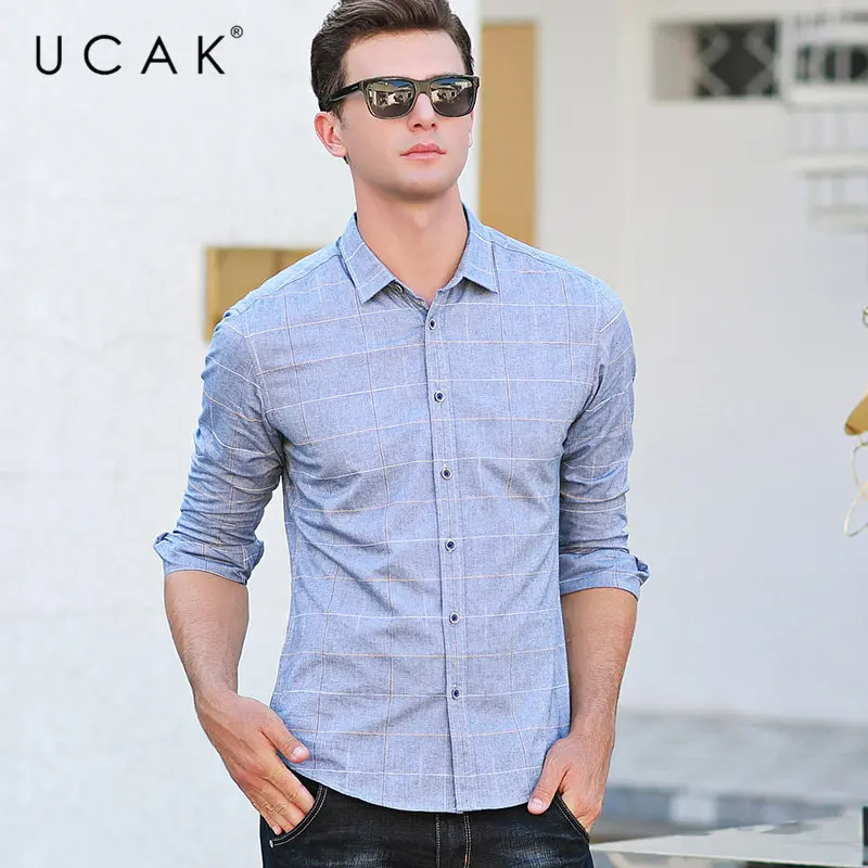 Light Blue UCAK брендовая хлопковая рубашка для мужчин осень новое поступление уличная мода деловые рубашки в повседневном стиле с длинными рукавами Camisa Masculina U6003 - Цвет: Light Blue