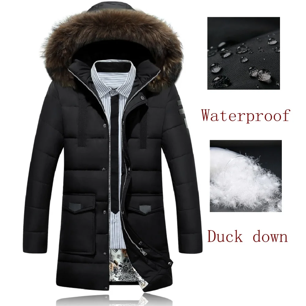 Мужская длинная куртка на утином пуху с капюшоном и меховым воротником|Плащи