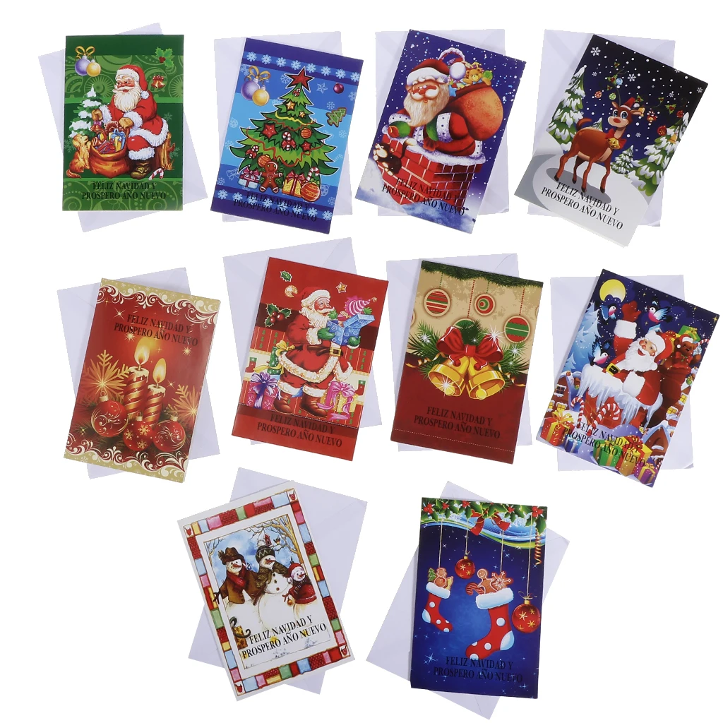 10pcs/set Merry Christmas Greeting Cards with Envelopes Xmas Gift Cards Winter Holiday Festival Greeting Supplies for Friend Kid