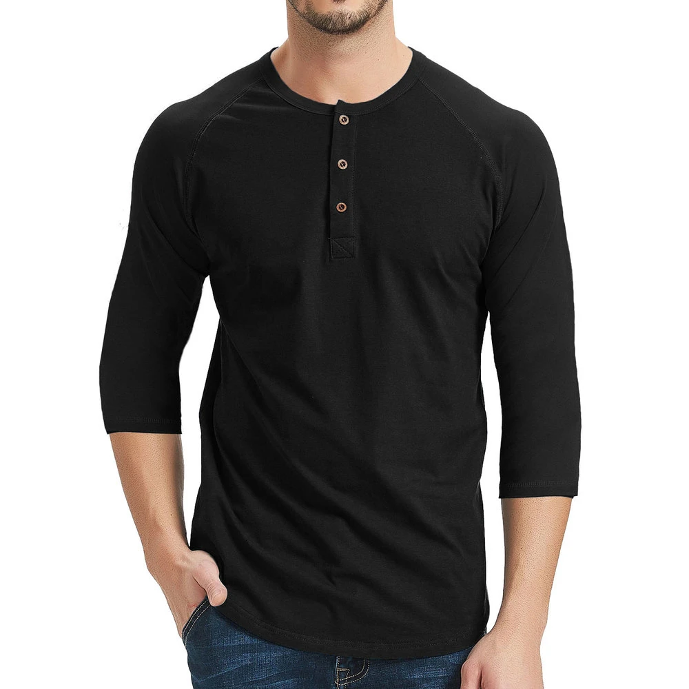 Casual 3/4 Sleeve Henley T-shirts Men Fashion Front Placket Basic Tee ...