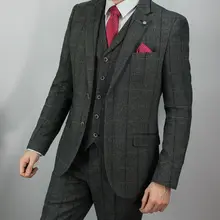 Серый клетчатый мужской костюм из 3 предметов классический твидовый костюм в елочку пиджак брюки жилет свадебный бизнес