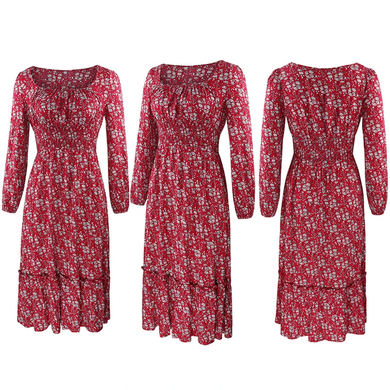 Chifirena Elegant Party Mid-Length Vintage Autumn Dress Women Square Collar Floral Print Ruffles Casual Dresses Minie Vestidos