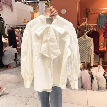 

Korean Women's New 2020 Spring and Autumn Bow Lace Up Shirt Sweet Puff Sleeve Shirt Blouse Plus Size Womens Tops and Blouses