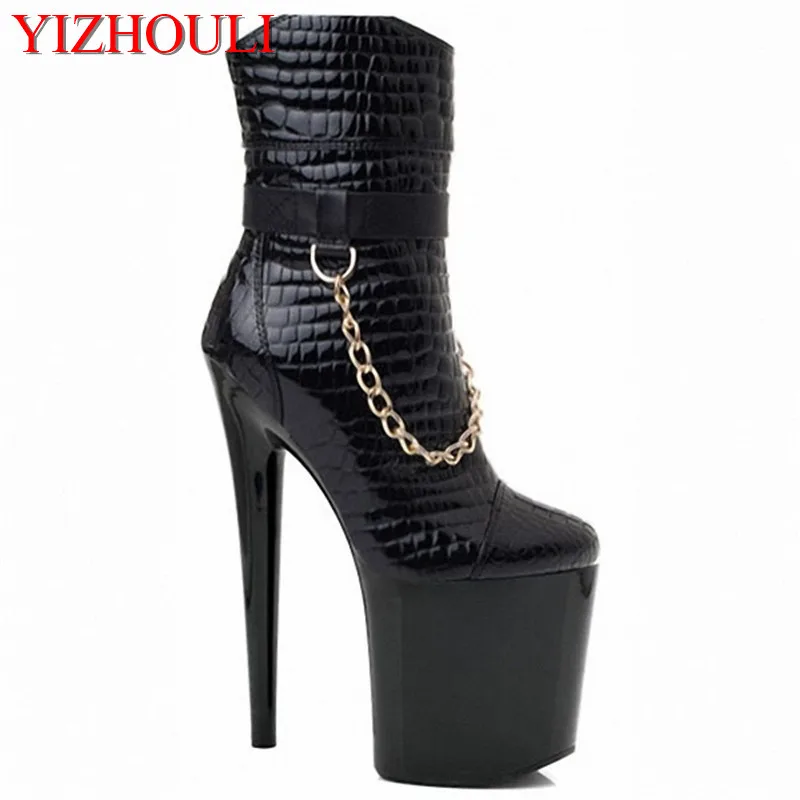 8 inch women short boots winter punk motorcycle boots 20cm gold chain Platform high heels party shoes dress ankle boots