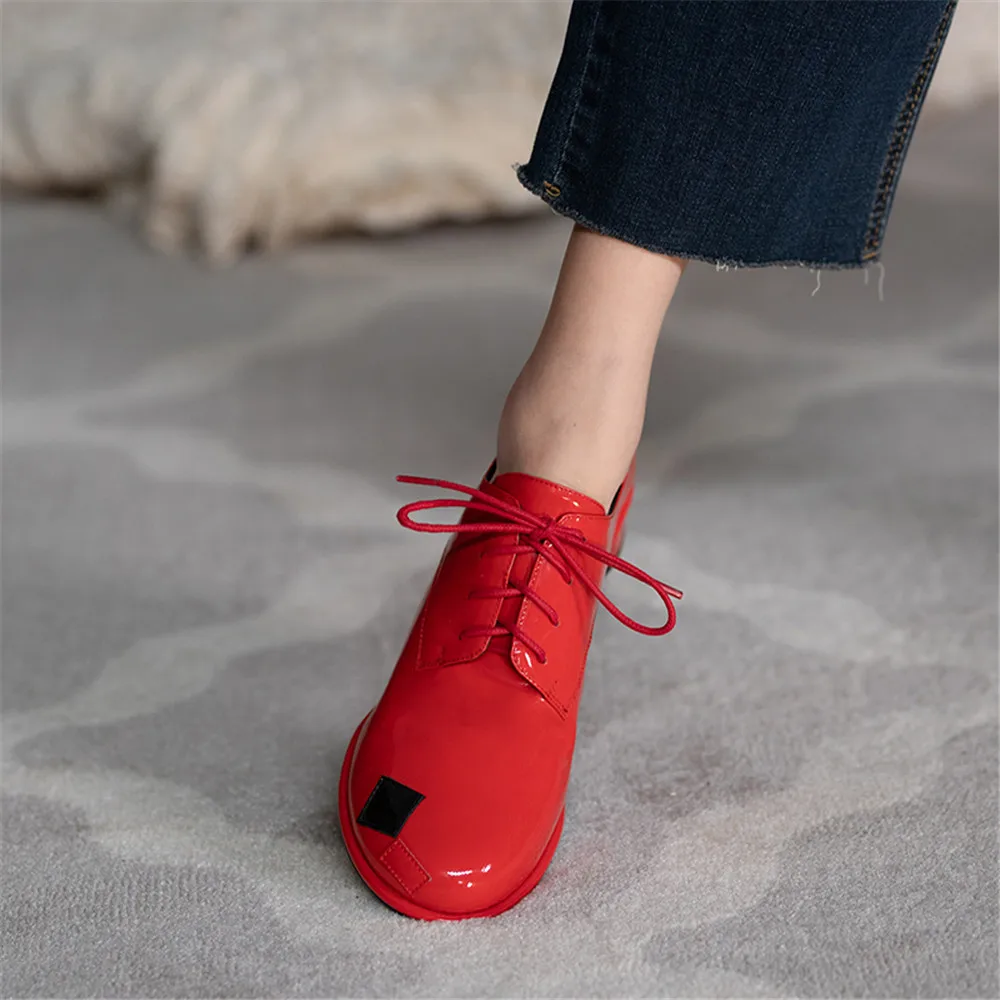Women Patent Leather Pumps MILI MIYA Personalized Design Mixed Color Women Patent Leather Pumps Lace Up Round Toe Full Genuine Leather Fashion Street Shoes