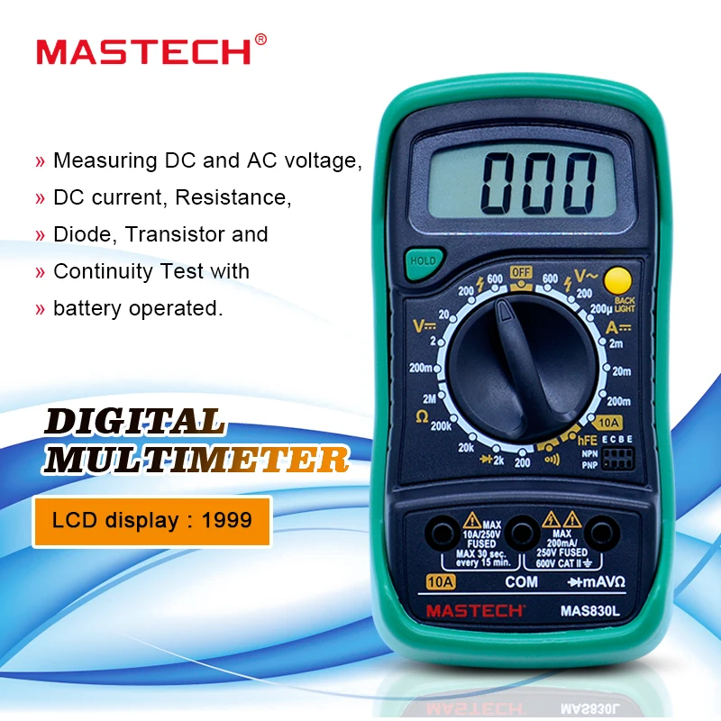 MASTECH MAS830L мини цифровой мультиметр Ручной ЖК-дисплей DC ток тест er подсветка удержания данных диод непрерывности hFE Тест