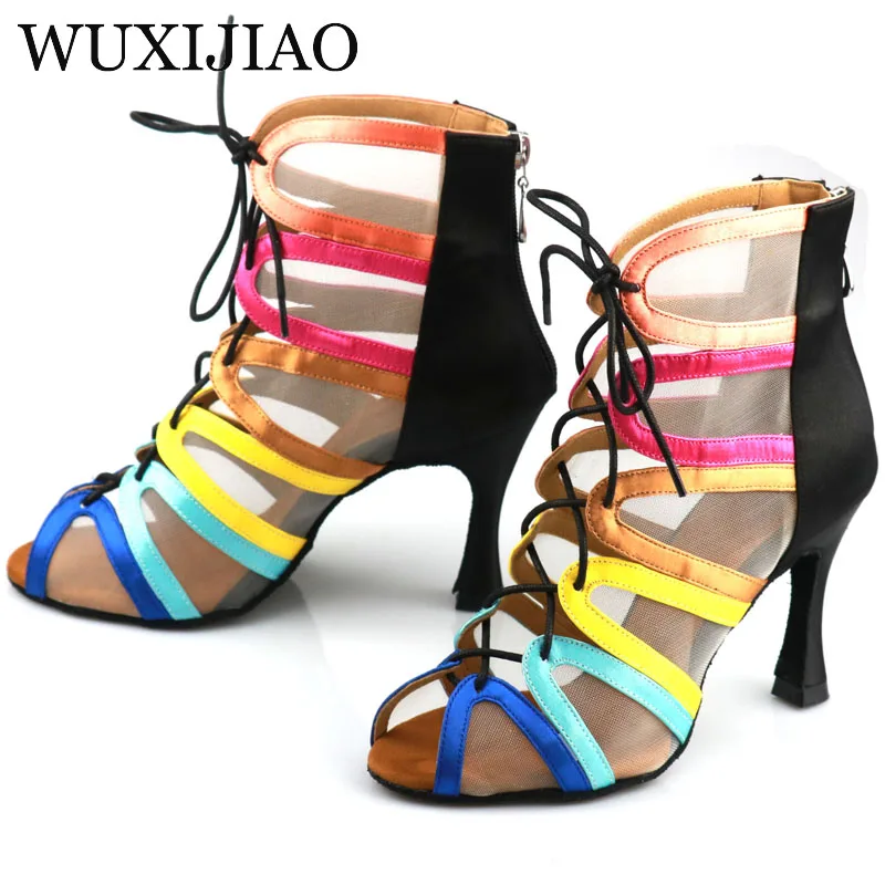 WUXIJIAO Ladies black mesh suede fashion cross strap sexy high heel sandals comfortable latin dance shoes salsa shoes