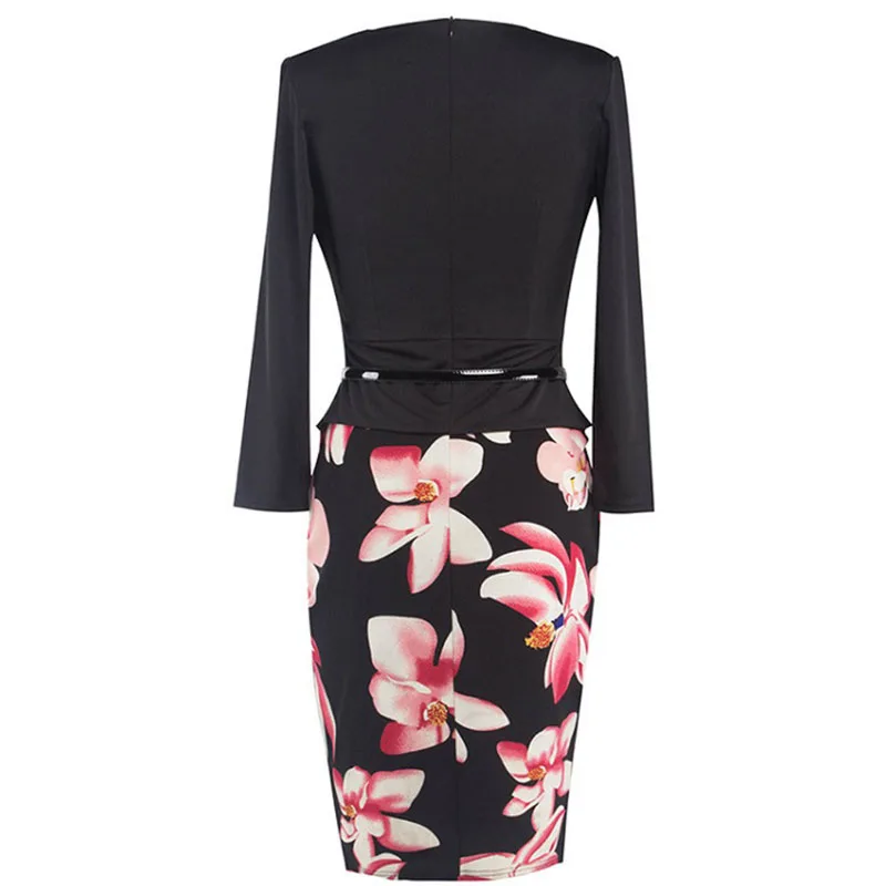 Formal Slim Office Ladies Dress Women Square Collar Puff Sleeve Pencil Dresses Autumn Spring High Waist Sashes Womens Dress