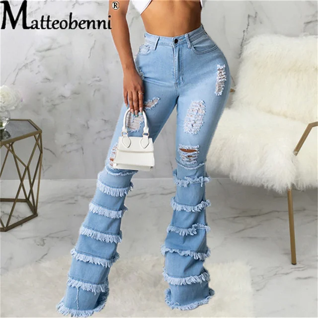 2021 Sexy Jeans Women High Waist Stretch Denim Pants Washed Destroyed Holes Ripped  Denim Tassel Skinny Flare Jeans Bell Bottoms - AliExpress