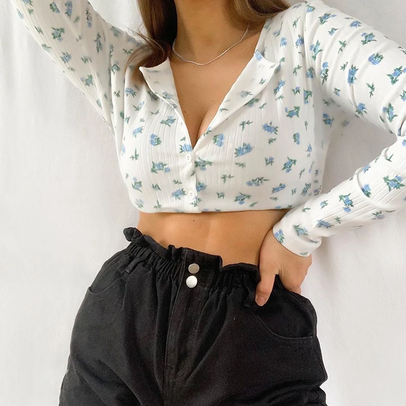IAMSURE Small Flower Print Aesthetic Long Sleeve Blouse For Women Korean Streetwear Fashion Casual Female Crop Tops Shirts