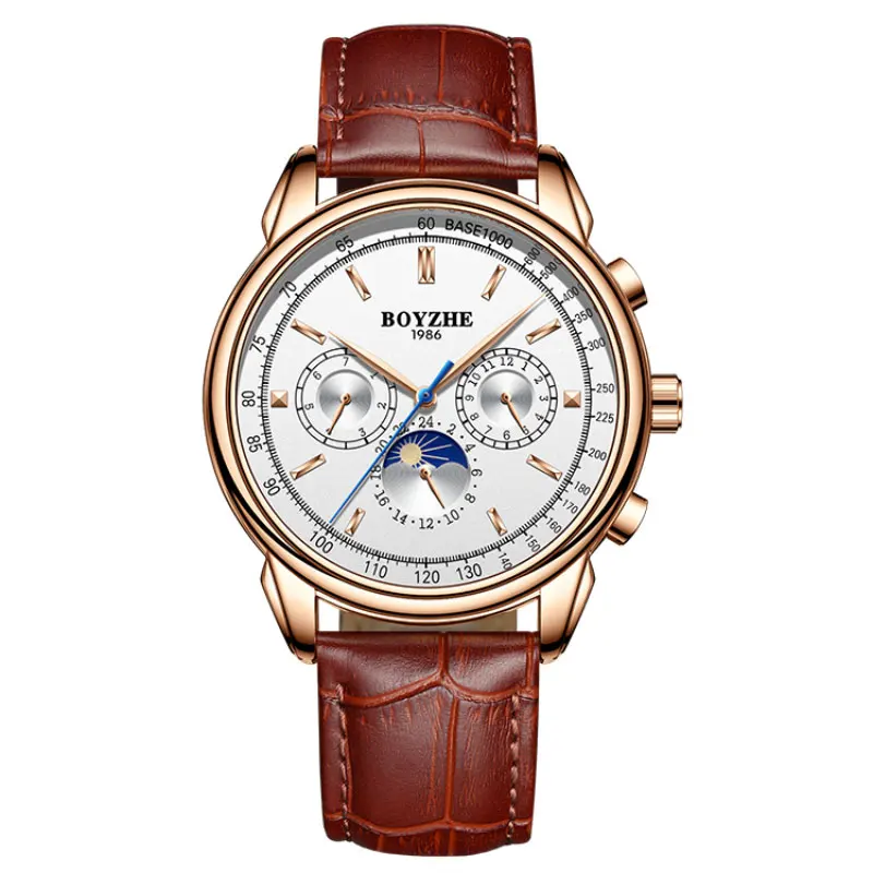 

Rose Gold Automatic Mechanical Watch Men Luxury Watch Month Calendar Week 24 Hours Clock Waterproof Man Watches Leather Strap