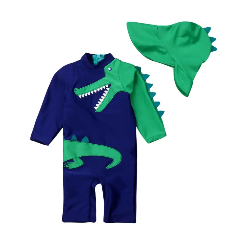 Летний купальник с рисунком динозавра для маленьких мальчиков, Солнцезащитный купальник с шапкой, детский купальный костюм, От 6 месяцев до 5 лет