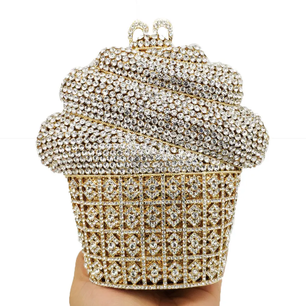 Double Flower Icecream Women Silver Crystal Clutch Evening Purses and Handbags Hard Case Wedding Party Rhinestones Bag