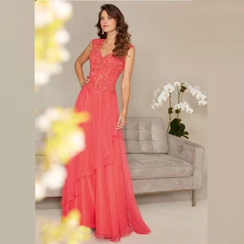 

Latest Charming Watermelon Chiffon Lace Top V Neck Mother of the Bride Dresses Sleeveless Wedding Guest Gowns Beaded