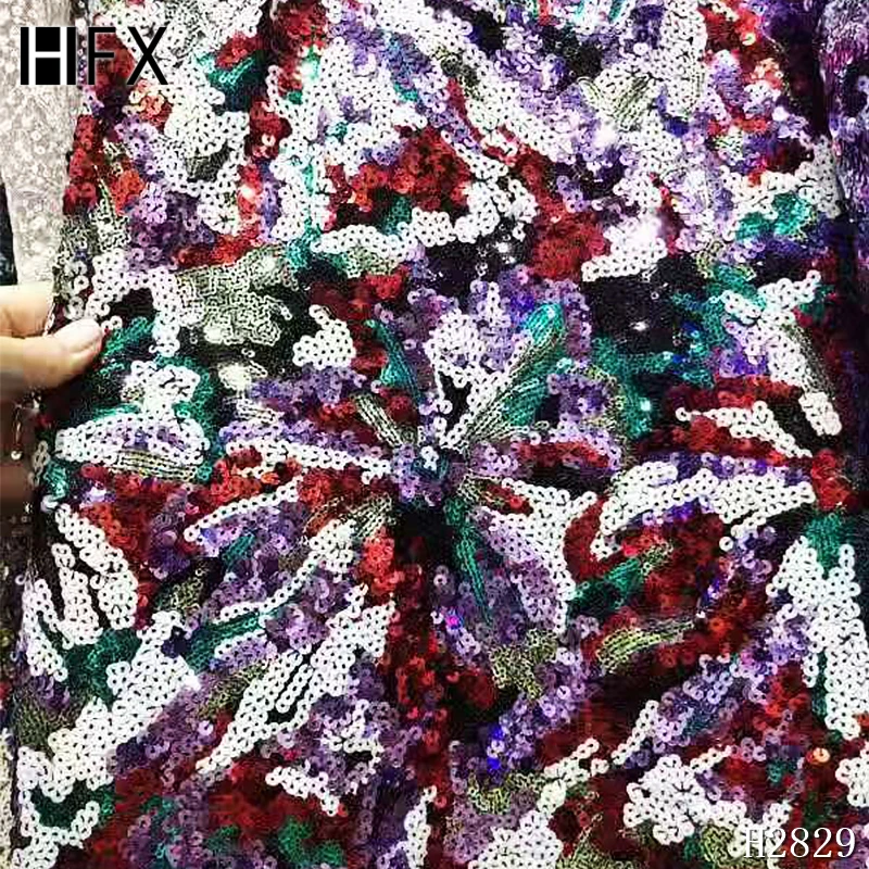 

HFX high quality African French net lace fabric in purple red with shining sequins embroidery for party dress F2829