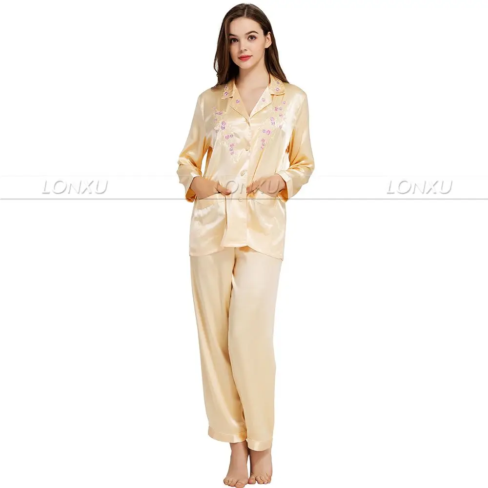 Womens Silk Satin Pajamas Set Pyjamas PJS Set Sleepwear Nightwear Loungewear XS~ 3XL Plus Size_For Gifts - Цвет: Yellow