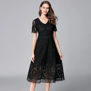 

Summer wear short-sleeved long lace dress female fat mm 2020 new v-neck lace dress of splicing posed A word YZ11620