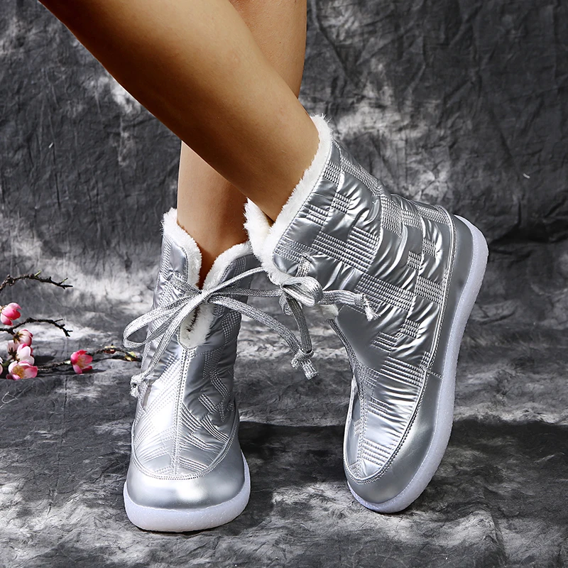 US $18.80 Designer Boots Ladies Satin Fartic LaceUp Round Toe Silver Reflective Flat Waterproof Fur Plush Warm Lining Women Snow Boots