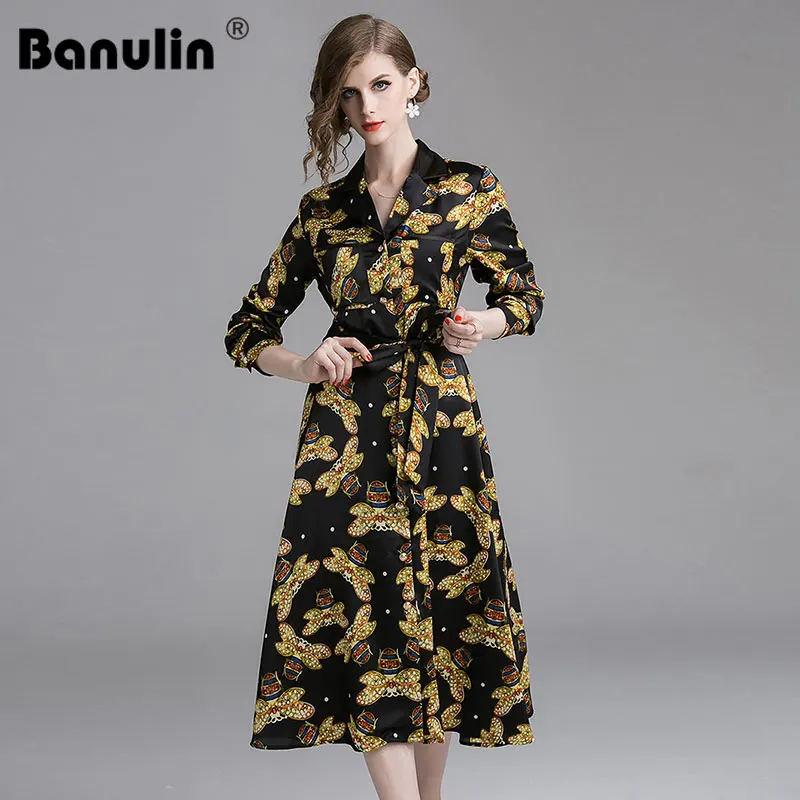 

Banulin 2019 Fashion Designer Runway Dress Spring Autumn Women Dress Turn-down Collar Metal button Bee Print Elegant Dresses