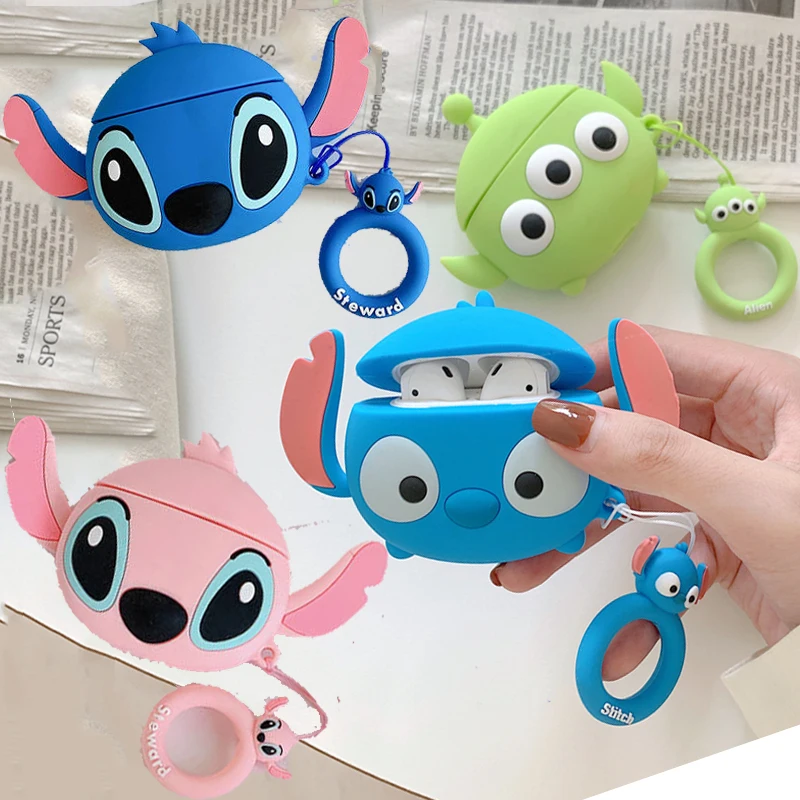 

For Apple AirPods Case 3D Cute Cartoon Stitch Three Eyes Monsters Alien Wireless Earphone Finger Ring Strap Cover for Airpods 2
