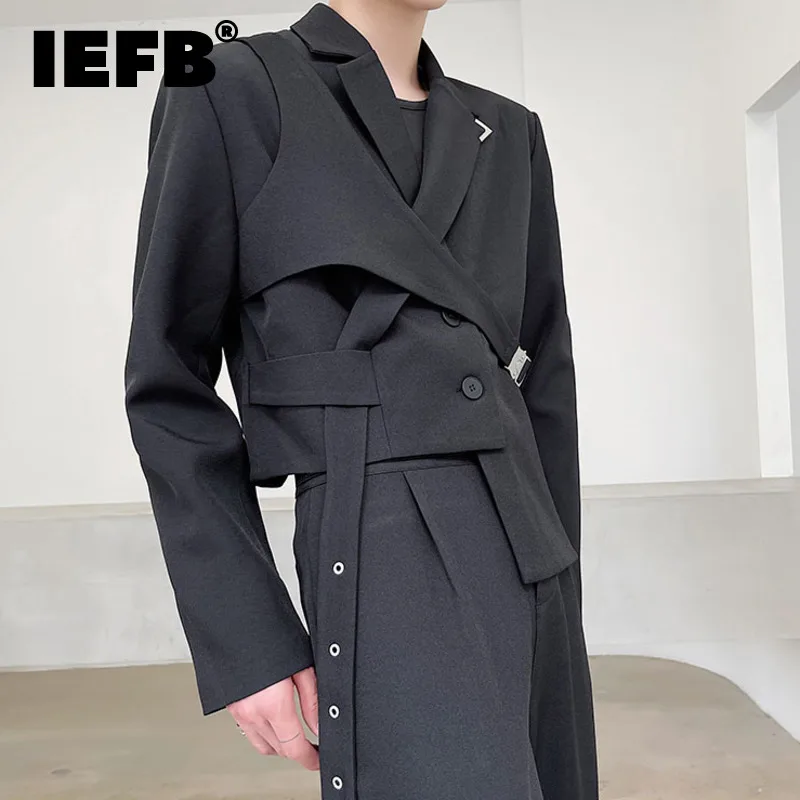 IEFB Men's Chic Short Blazer New Autumn Detachable Two-piece Suit Coat Irregular Hem Fashion Design Black Jacket 9Y9250