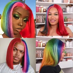 Half Red Half Rainbow Lace Front Wig Brazilian Human Hair Preplucked Rainbow Wig Straight Short Bob Human Hair Wig For Women180%