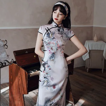 

Sexy High Split Short Sleeve Wedding Party Gown Rayon Novelty Print Flower Women Cheongsam Elegant Mandarin Collar Qipao