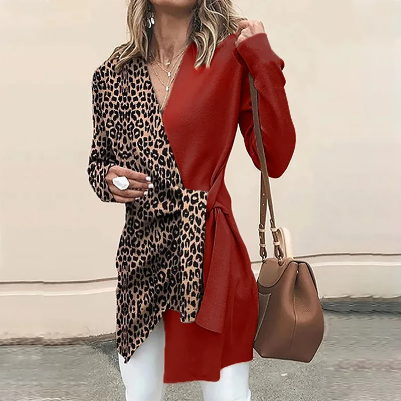 YELITE leopard print office autumn winter V-neck long-sleeve irregular sexy tops aesthetic vintage women Shirts