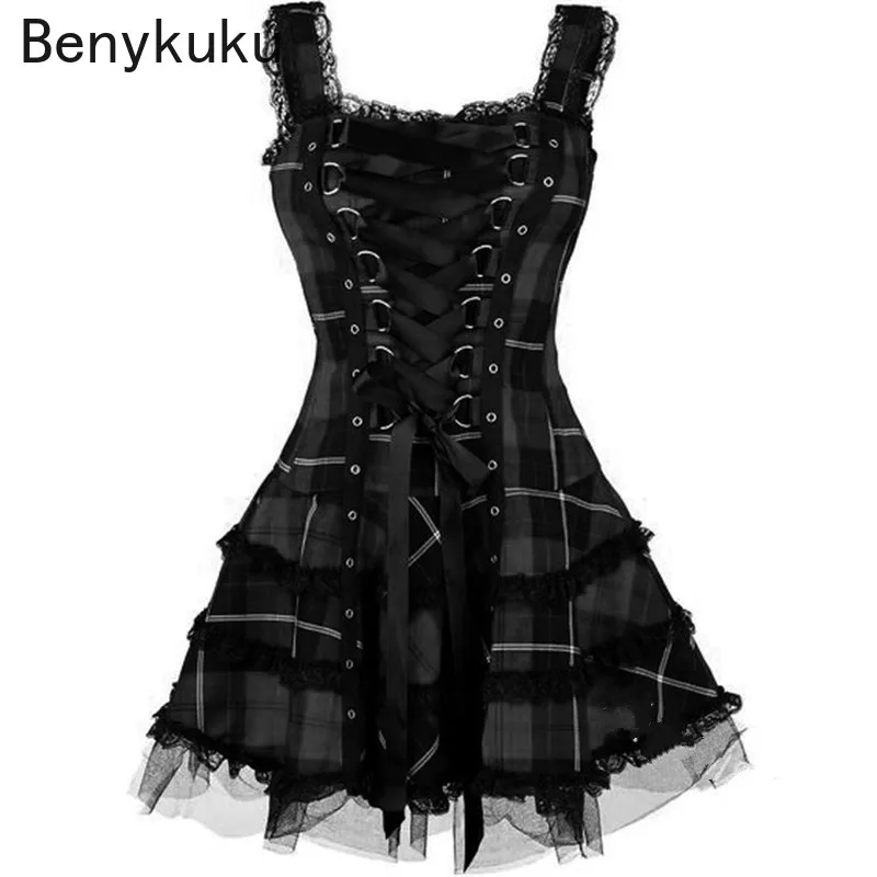 

Plus Size Medieval Cosplay Party Dress Lolita Style Sleeveless Plaid Mini Dress Women Vintage Lace Up Gothic Punk Girls Dresses