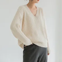 

2021 New Fashion Casual Womens Sweater Autumn Winter Simplicity V-neck Long Sleeve Solid Color Loose Pullover Sweater