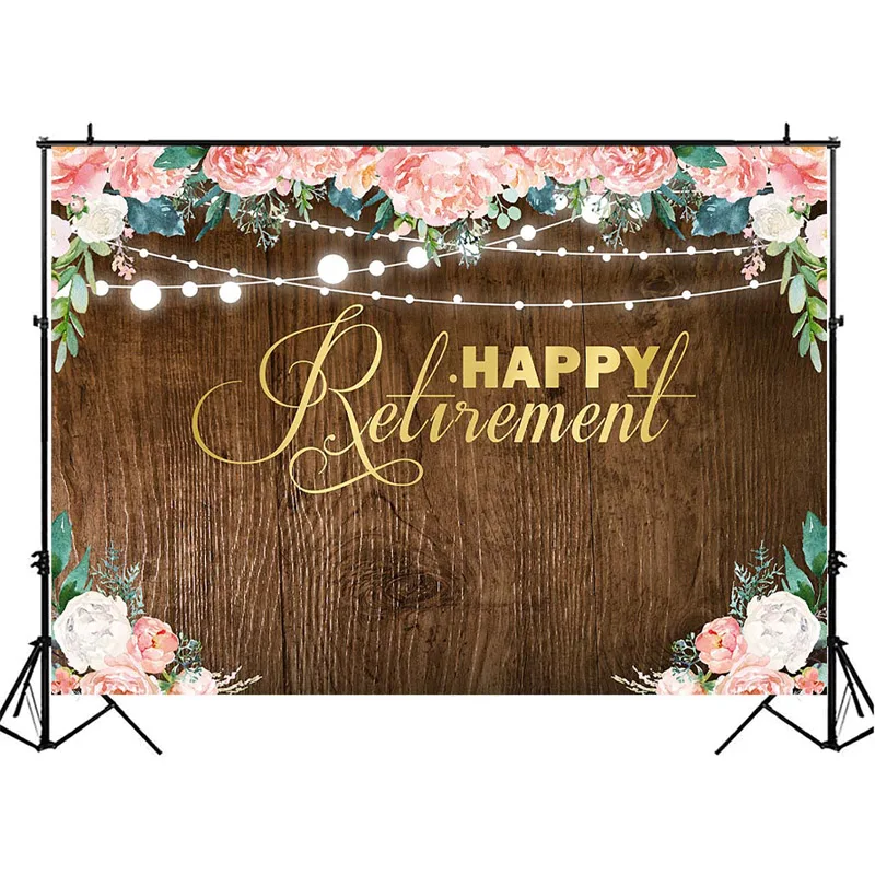 NeoBack Wood Happy Retirement Photography Backdrops Pink Watercolor Flower String Background for Photo Retirement Party Backdrop