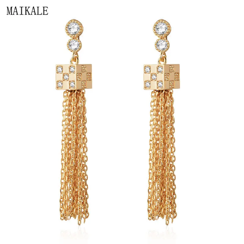 

MAIKALE Fashion Design Tassel Chains Long Earrings Magic Cube Shape Zirconia Gold/Silver Earrings for Women Jewelry Unique Gifts