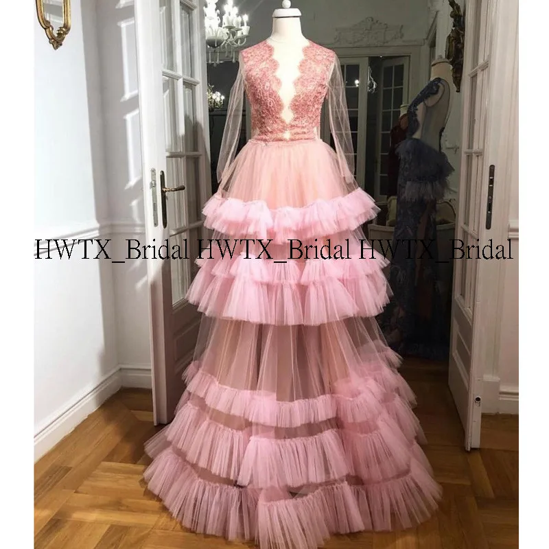 HWTX_Bridal, розовое Многоуровневое вечернее платье, подгонянное,, иллюзия, длинный рукав, кружевной верх, элегантное, тюль, длинное, выпускное платье, официальное платье