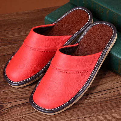 Мужские домашние тапочки из натуральной кожи; удобные нескользящие домашние тапочки для пары; сезон весна-осень; женская повседневная домашняя обувь - Цвет: Красный